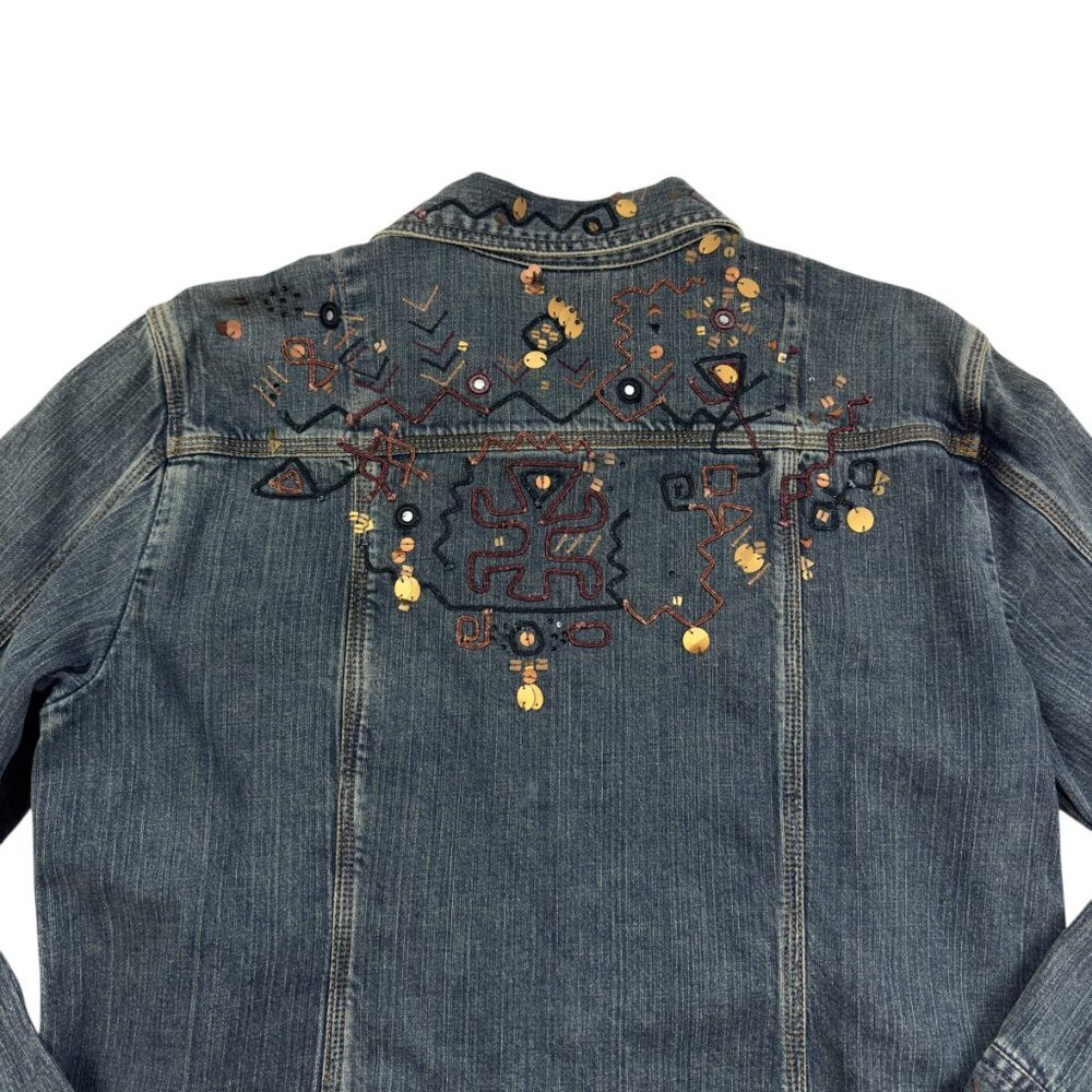 Chico's Vintage Denim Southwestern Boho Beaded Embroidered Jacket Women's 2/L